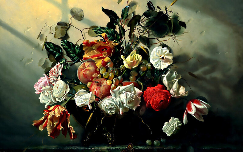 Bouquet of Flowers and Fruit — White, Dramatic