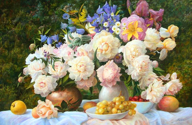 Bouquet of Flowers and Fruit — White, Serene, Afternoon