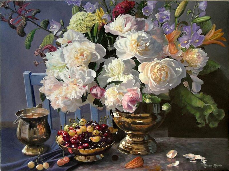 Bouquet of Flowers and Fruit — White, Serene, Painting