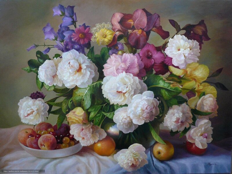 Bouquet of Flowers and Fruit — White, Serene, Painting, Vase, Tablecloth