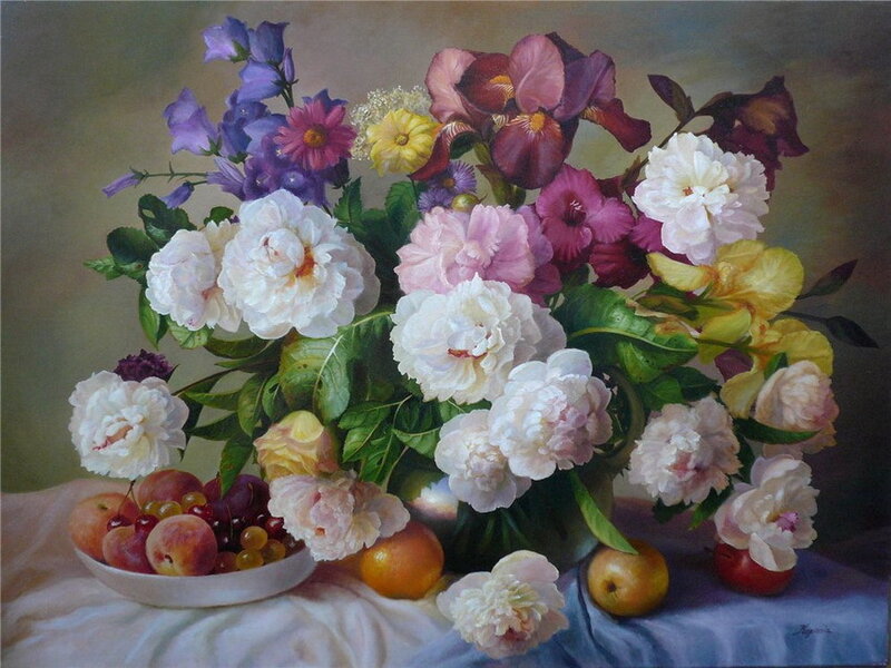 Bouquet of Flowers and Fruit — White