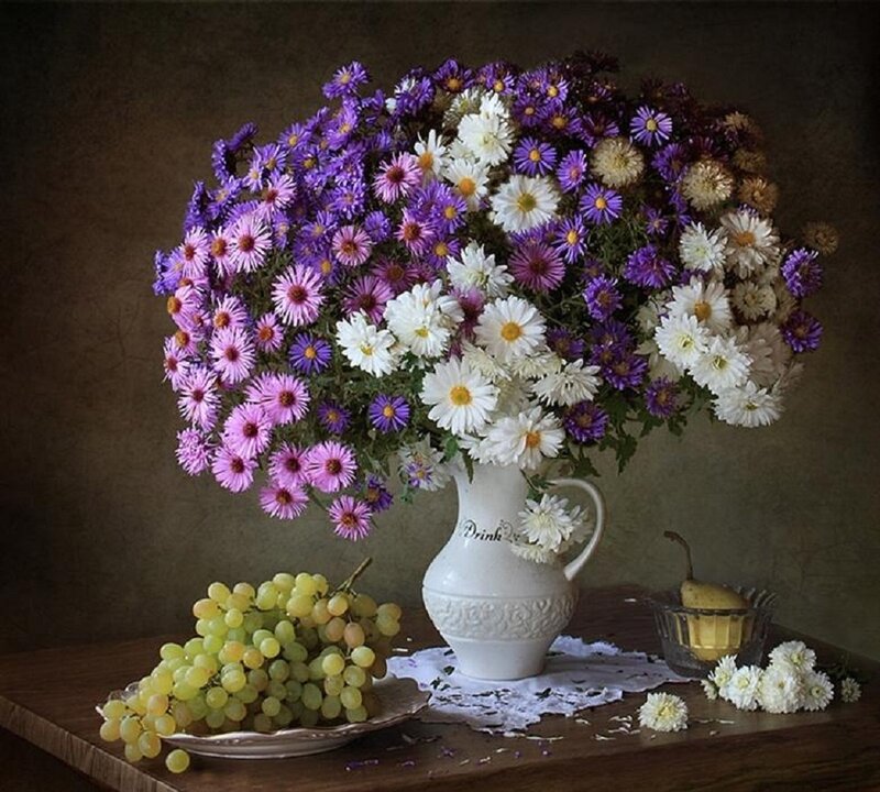 Bouquet of Flowers and Grapes — Purple