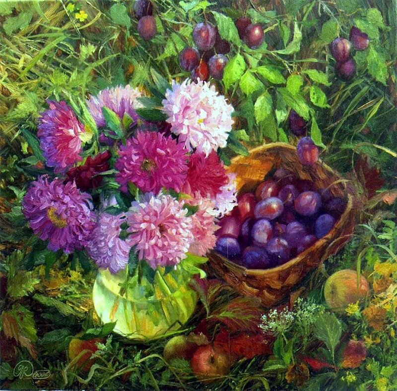 Bouquet of Flowers and Plums — Purple