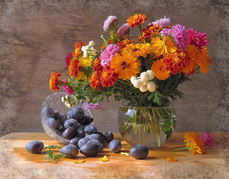 Bouquet of Flowers and Plums