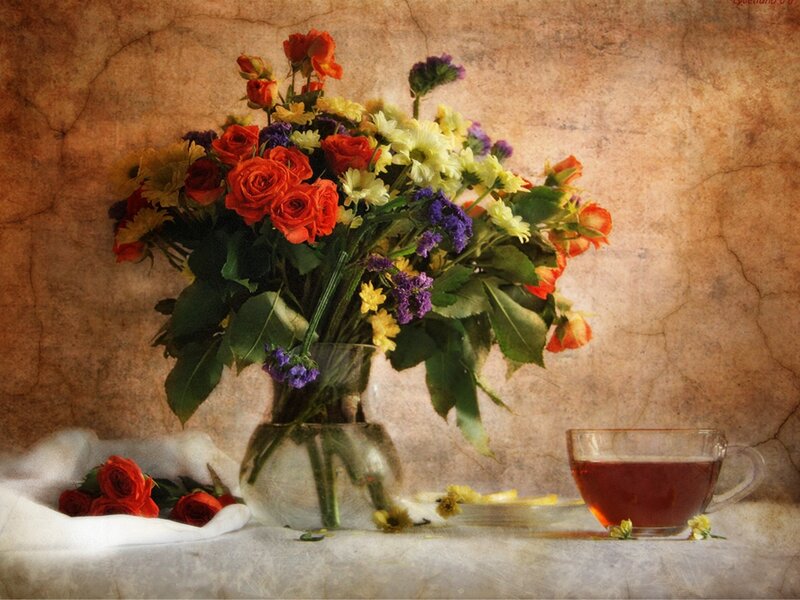 Bouquet of Flowers and Tea