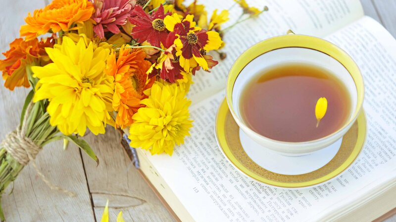 Bouquet of Flowers and Tea — Yellow, Serene, Afternoon