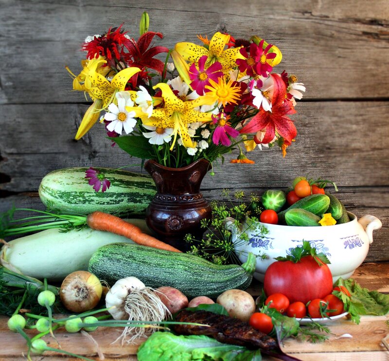 Bouquet of Flowers and Vegetables