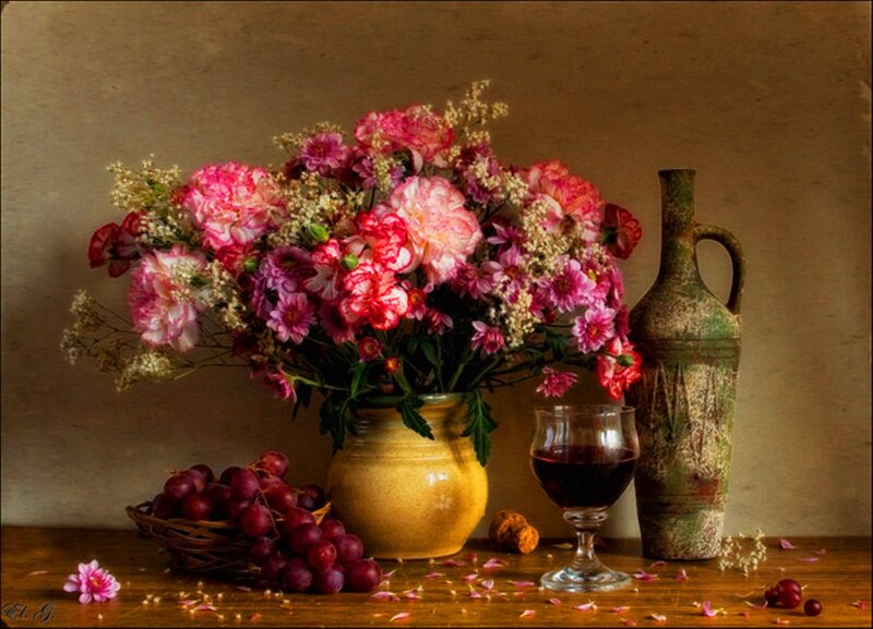 Bouquet of Flowers and Wine