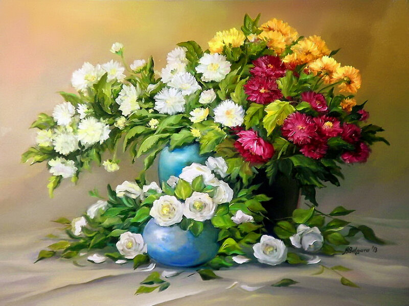 Bouquet of Flowers — Blue, Calm, Painting