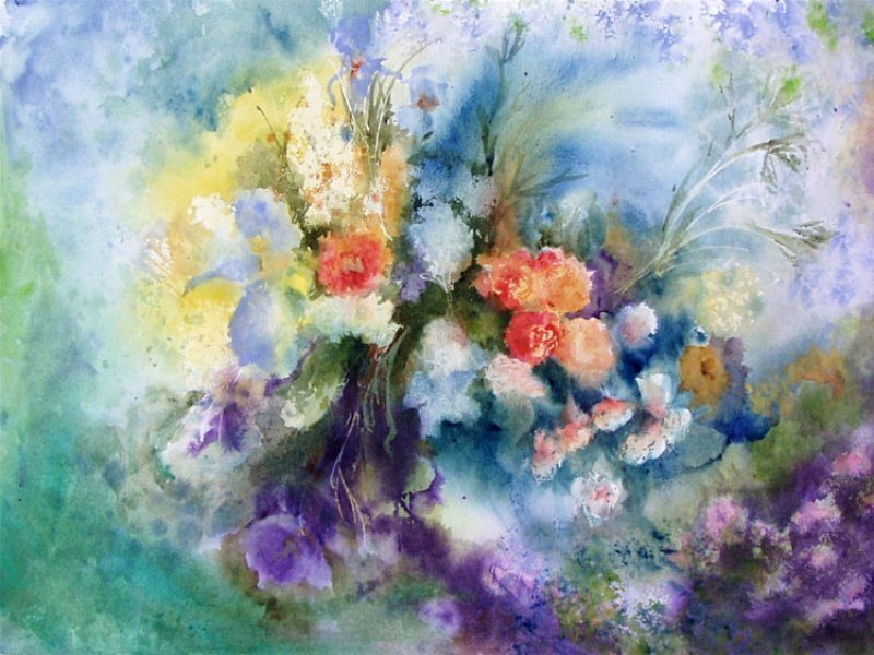 Bouquet of Flowers — Blue, Serene, Painting
