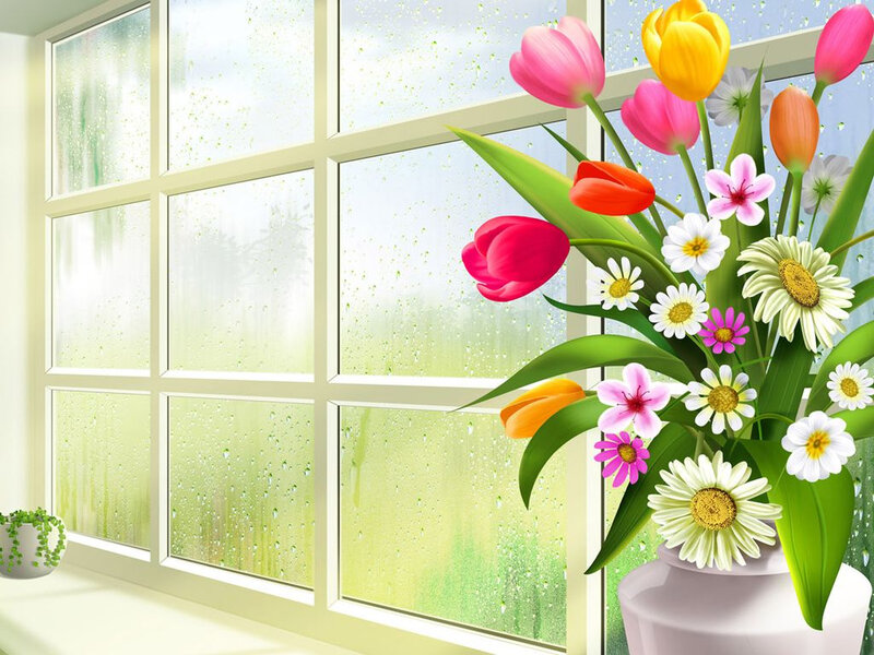 Bouquet of Flowers by Window — Green, Serene, Spring, Digital Art, Raindrops