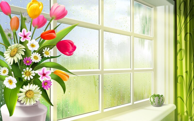 Bouquet of Flowers by Window — Green
