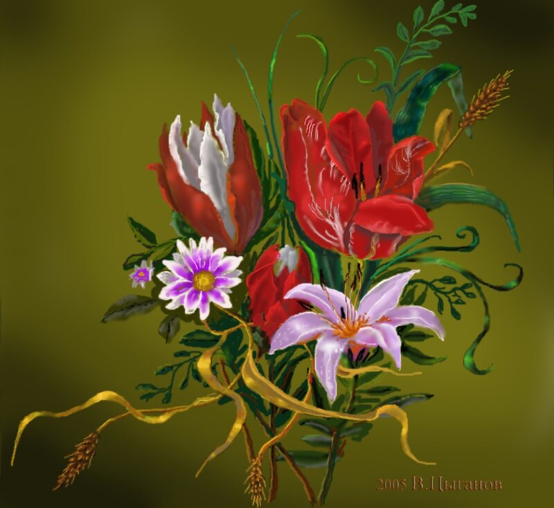 Bouquet of Flowers — Green, Calm, Digital Art