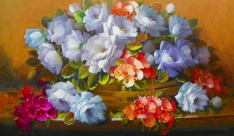 Bouquet of Flowers in Basket — Blue, Calm