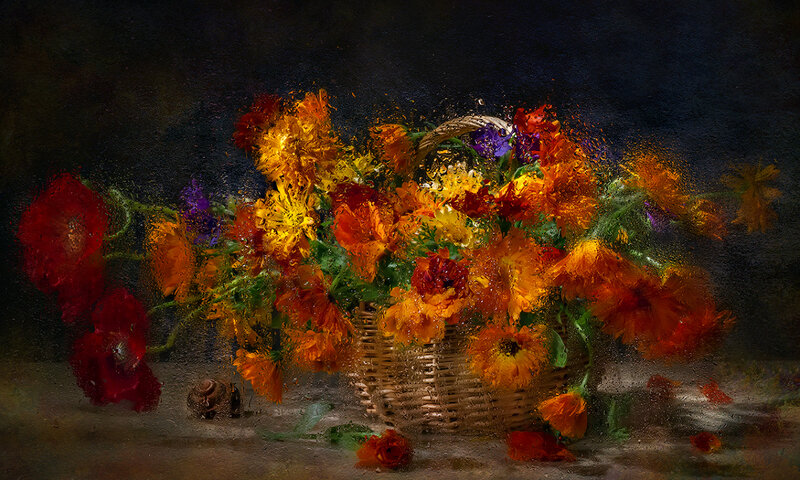 Bouquet of Flowers in Basket — Orange