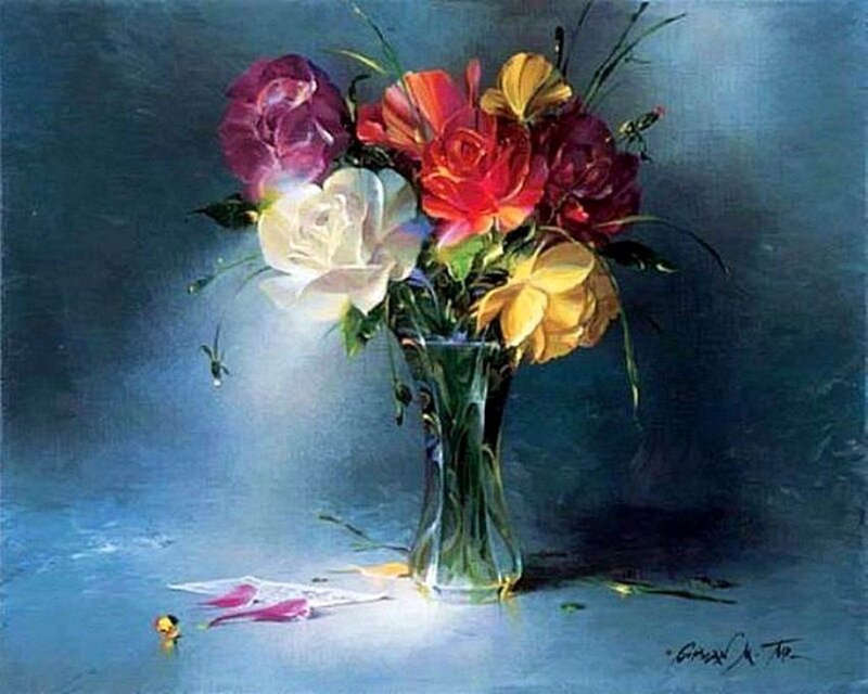 Bouquet of Flowers in Vase — Blue, Dramatic, Painting