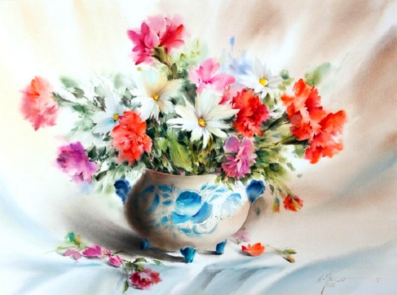 Bouquet of Flowers in Vase — Blue, Serene