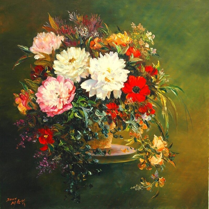 Bouquet of Flowers in Vase — Green, Calm, Painting, Leaves