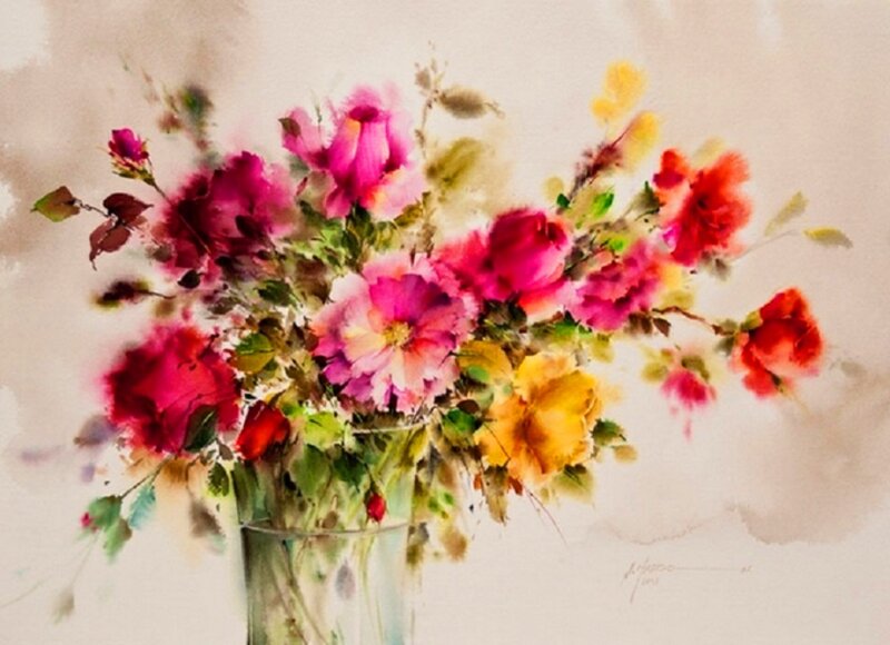 Bouquet of Flowers in Vase — Pink, Calm, Painting, Leaves