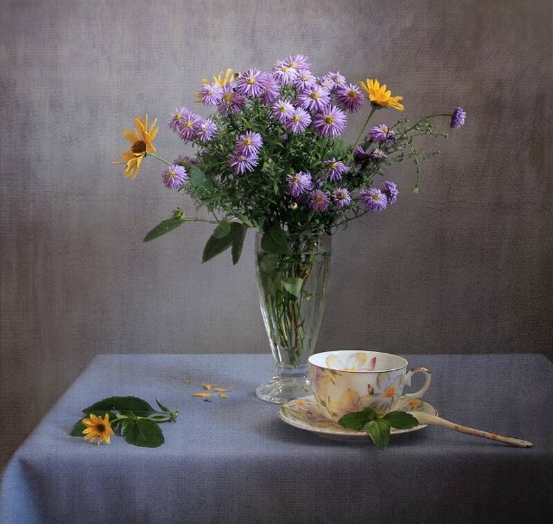 Bouquet of Flowers in Vase — Purple, Serene, Photograph, Teacup
