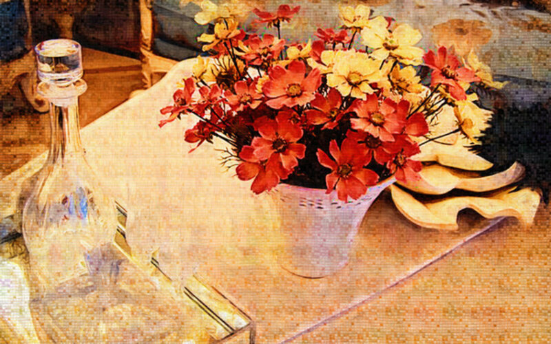 Bouquet of Flowers in Vase — Red, Calm, Painting, Glass Decanter