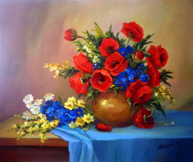 Bouquet of Flowers in Vase — Red, Calm, Painting