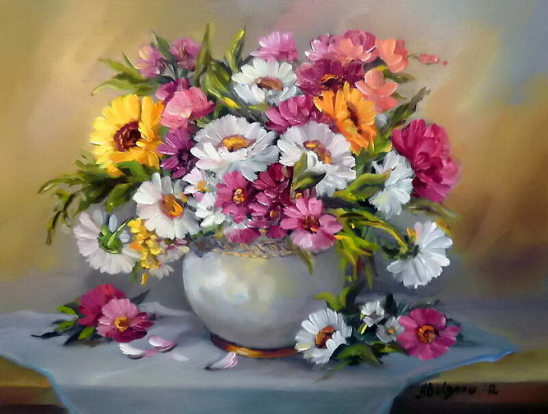 Bouquet of Flowers in Vase — White, Calm, Painting, Tablecloth