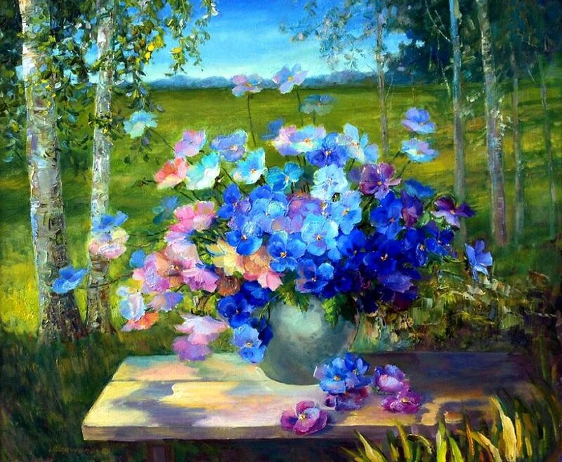 Bouquet of Flowers on Table — Blue