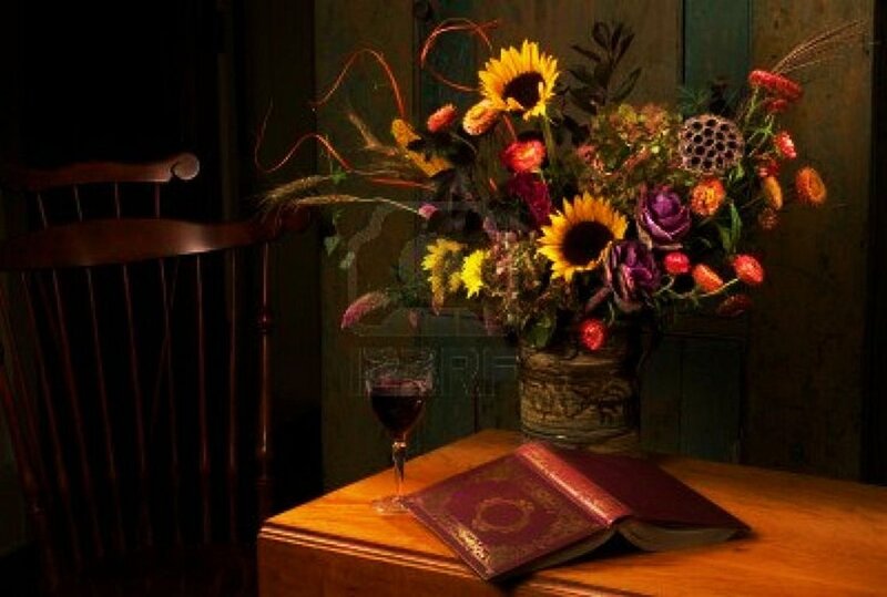 Bouquet of Flowers on Table — Brown, Dramatic