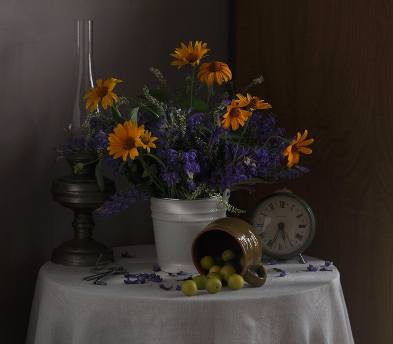Bouquet of Flowers on Table — Purple, Dramatic
