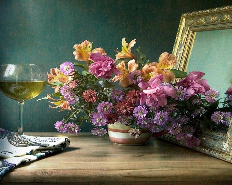 Bouquet of Flowers on Table — Purple