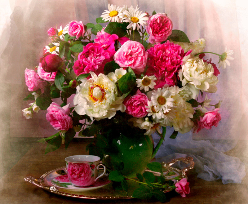 Bouquet of Flowers — Pink, Serene, Painting, Vase