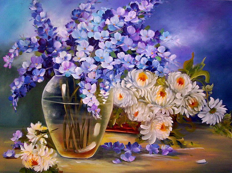 Bouquet of Flowers — Purple, Serene, Painting
