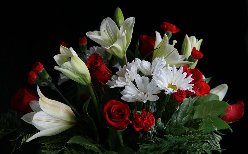 Bouquet of Flowers — Red, Dramatic, Photograph, Lilies