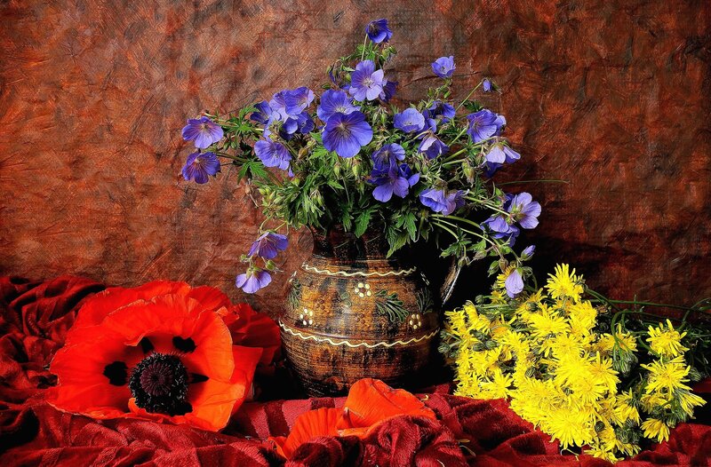 Bouquet of Flowers — Red, Dramatic, Photograph, Poppy