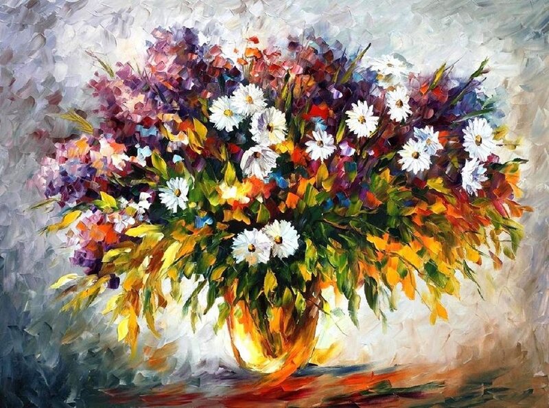 Bouquet of Flowers — White, Colorful, Painting
