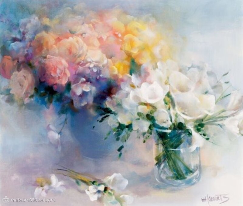 Bouquet of Flowers — White, Serene, Painting