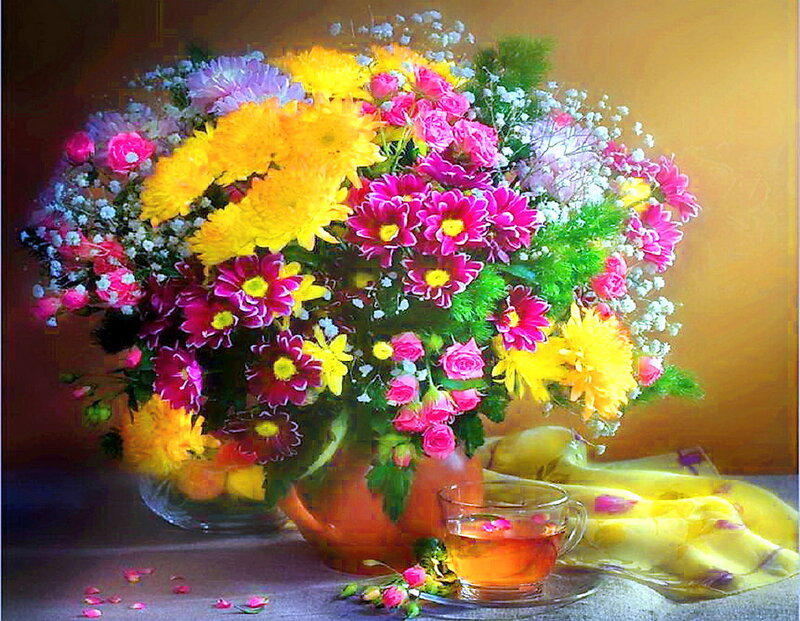 Bouquet of Flowers with Tea