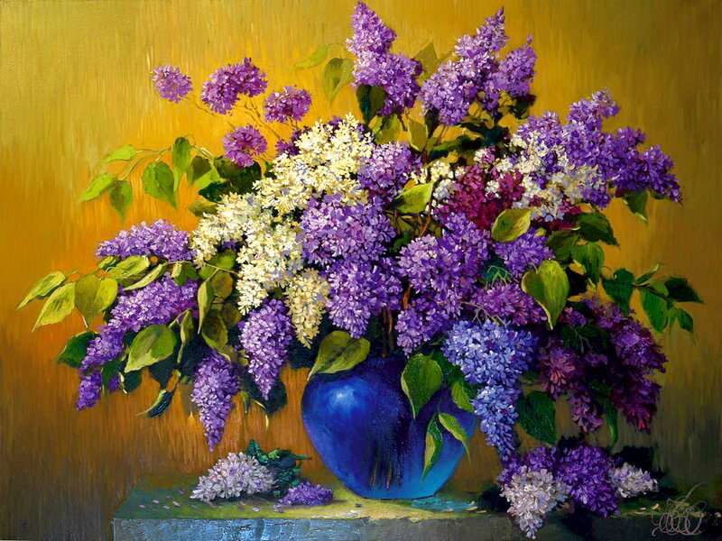 Bouquet of Lilac Flowers — Purple, Calm, Spring, Painting, Vase, Table, Leaves