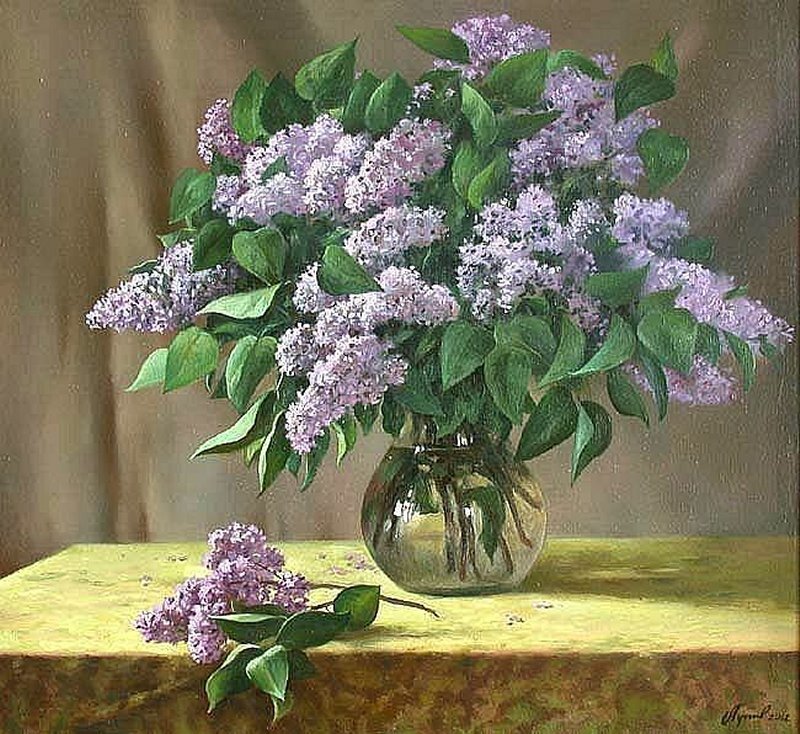Bouquet of Lilac Flowers — Purple, Calm, Spring, Painting, Vase, Table