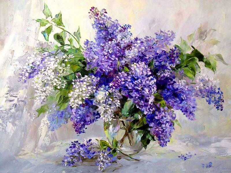 Bouquet of Lilac Flowers — Purple, Serene, Painting, Vase, Leaves