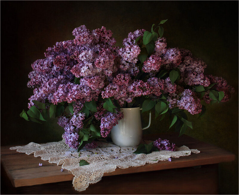 Bouquet of Lilac Flowers — Purple, Serene, Photograph, Vase, Lace Doily