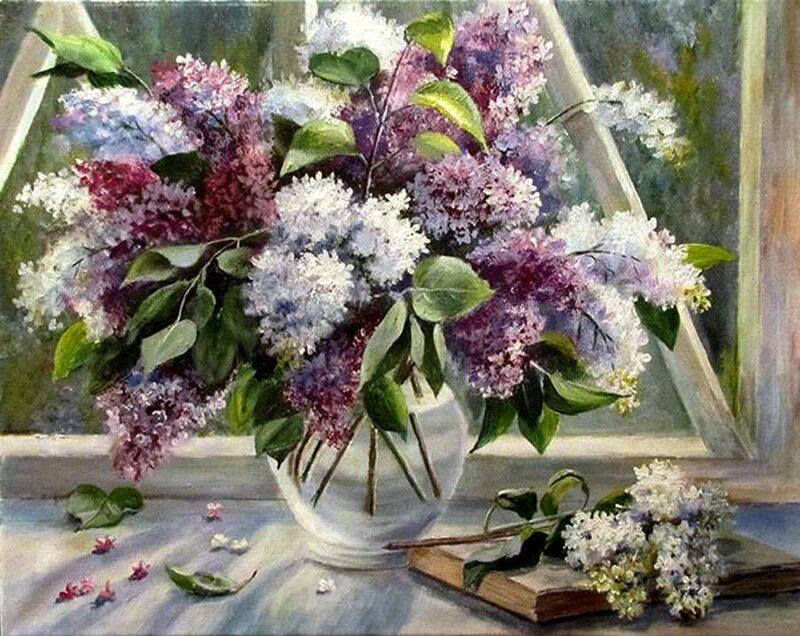 Bouquet of Lilac Flowers — Purple, Serene, Spring, Painting, Vase, Book