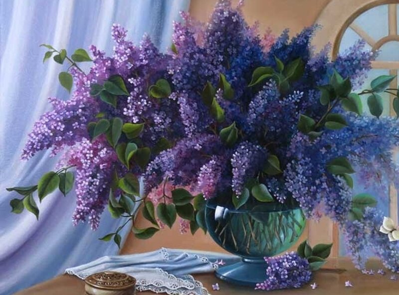 Bouquet of Lilac Flowers — Purple, Serene, Spring, Painting, Vase, Curtain