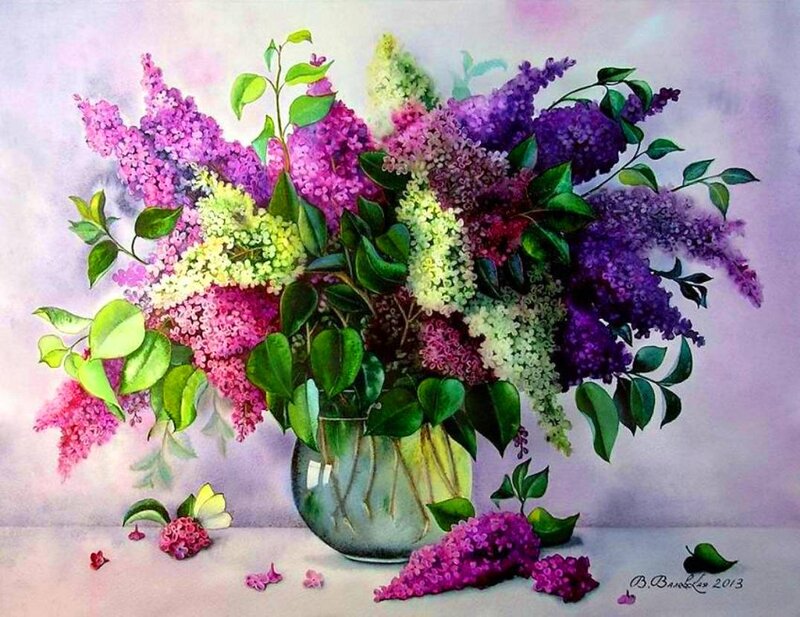 Bouquet of Lilac Flowers — Purple, Serene, Spring, Painting, Vase, Leaves, Fallen Petals