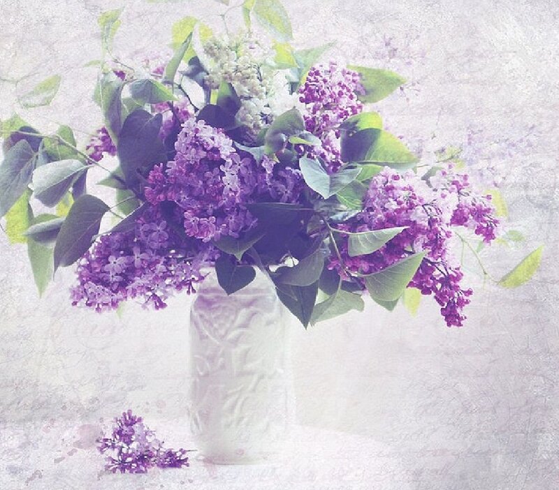 Bouquet of Lilac Flowers — Purple, Serene, Spring, Painting, Vase, Leaves, Flower