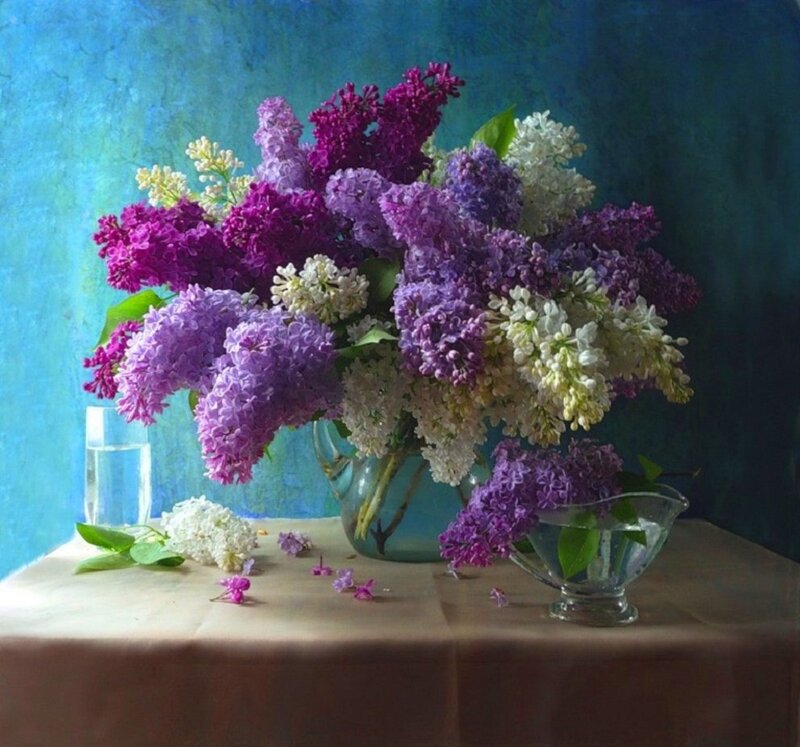 Bouquet of Lilac Flowers — Purple, Serene, Spring, Painting, Vase, Tablecloth, Glass Pitcher