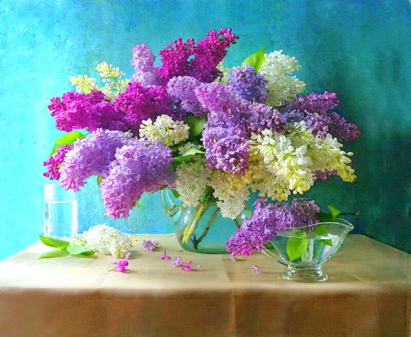 Bouquet of Lilac Flowers — Purple, Serene, Spring, Painting, Vase, Tablecloth, Glass