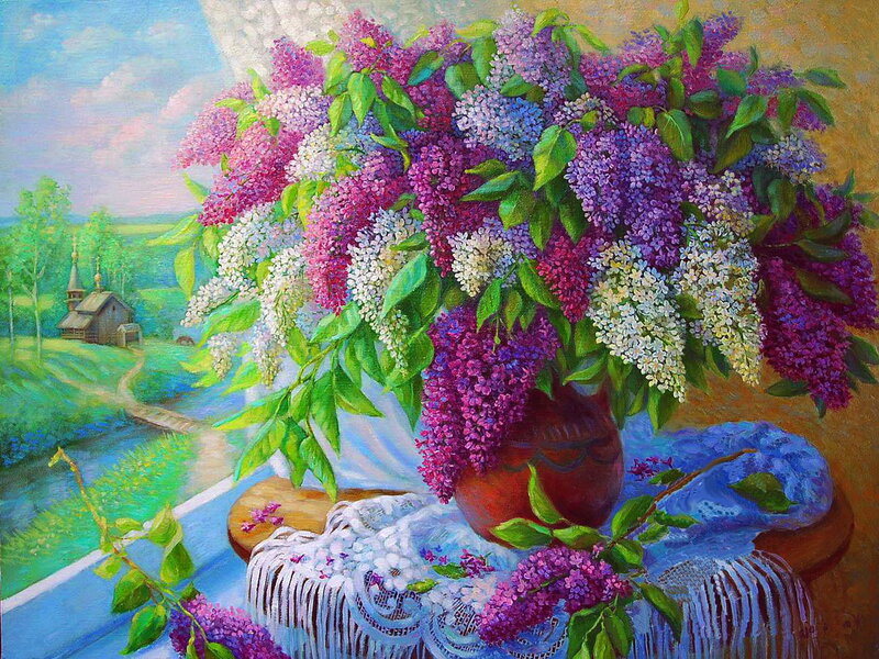 Bouquet of Lilac Flowers — Purple, Serene, Spring, Painting, Vase, Tablecloth, Landscape
