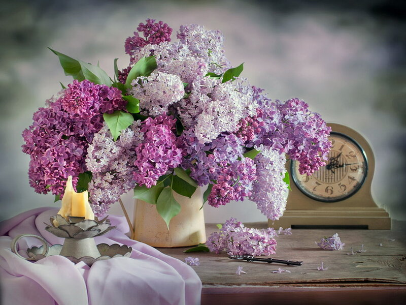 Bouquet of Lilac Flowers — Purple, Serene, Spring, Photograph, Clock, Candle